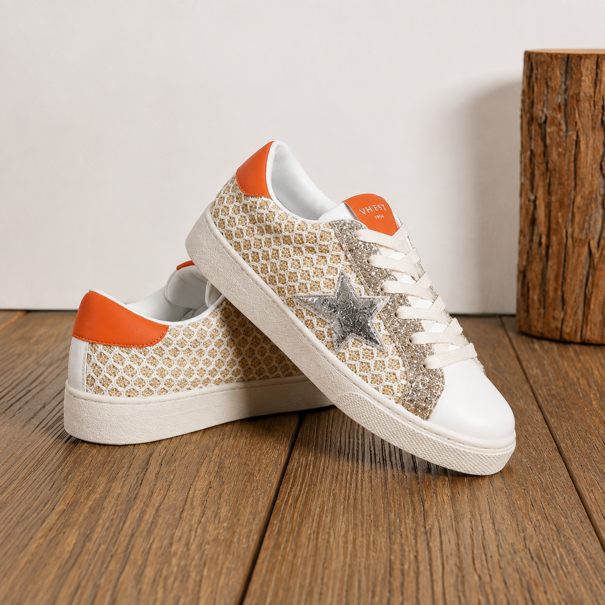 Baskets CHARLIE — Écru, doré & orange