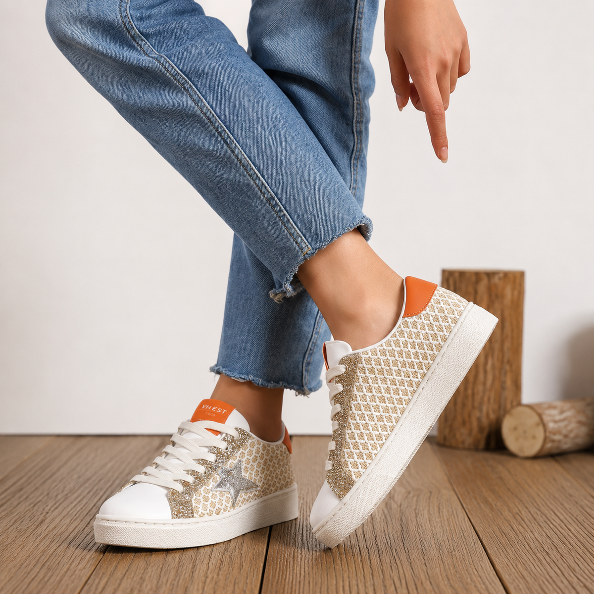Baskets CHARLIE — Écru, doré & orange