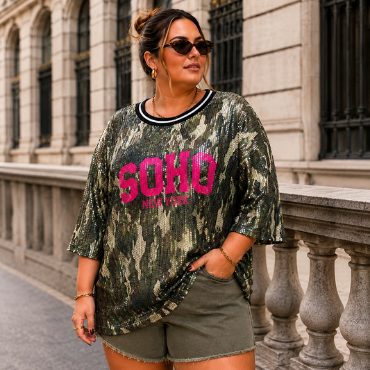 ROMY — Top camouflage à sequins